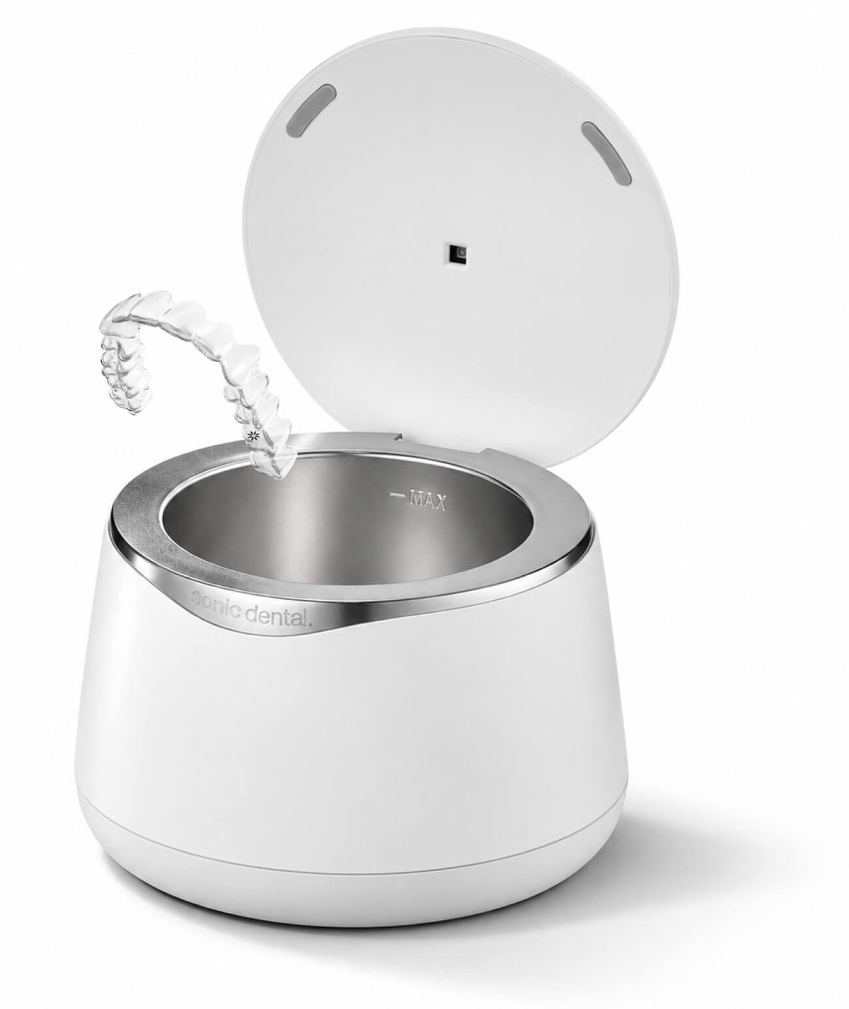 Sonic Pro cleaner with its lid open and a clear aligner