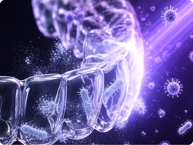 Ultraviolet light destroying bacteria around a dental aligner
